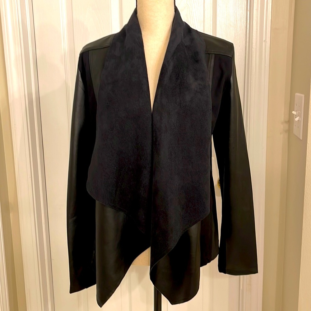 NWT Joan Vass New York Faux Leather Drape Front Jacket – Black – M